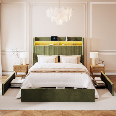 Modern Upholstered Storage Platform Bed Frame with LED Headboard with shelf, Charging Station, and 3 Drawers, App Control
