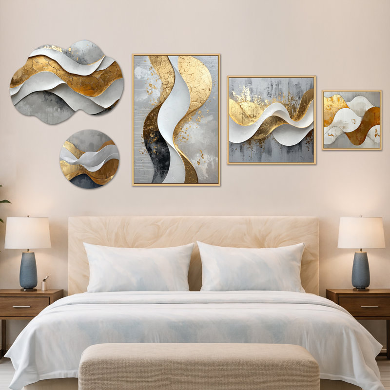 Grove of Introspection in Gold & White I – Abstract Wall Decor, 5 Piece Framed Canvas and Metal Wall Art Set (100" x 40")