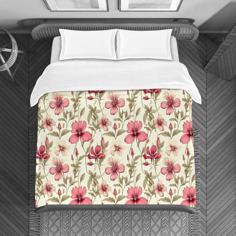 Housse de couette , Housse de couette pour grand lit, Floral beige / rose