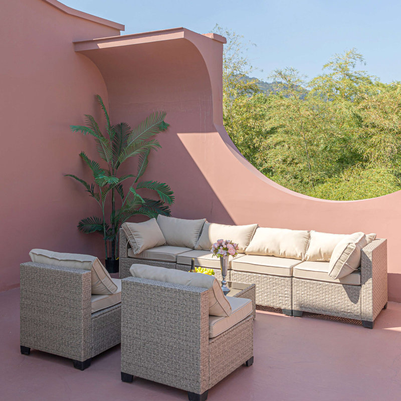 Ensemble de conversation 7 pièces avec canapé modulaire d'extérieur Boho avec coussins gris épais résistants à l'eau