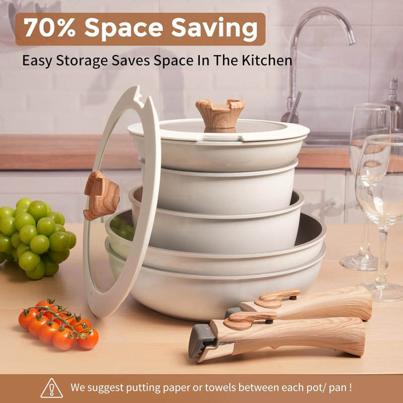 Pots And Pans Set Non Stick, Taupe Pots And Pans Set, 13PCS Aluminium Oven Safe Cookware Set, PTFE/PFAS/PFOA Free, Non Stick Pots And Pan Set Detachable Handle