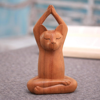 Hand Crafted Yoga Cat Wood Sculpture 
