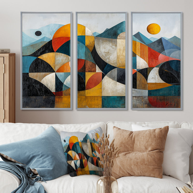«Geometric Mountain Retro Colors», ensemble d'art mural paysage abstrait, Encadrement argenté, H 40 po x l 60 po x P 1 po