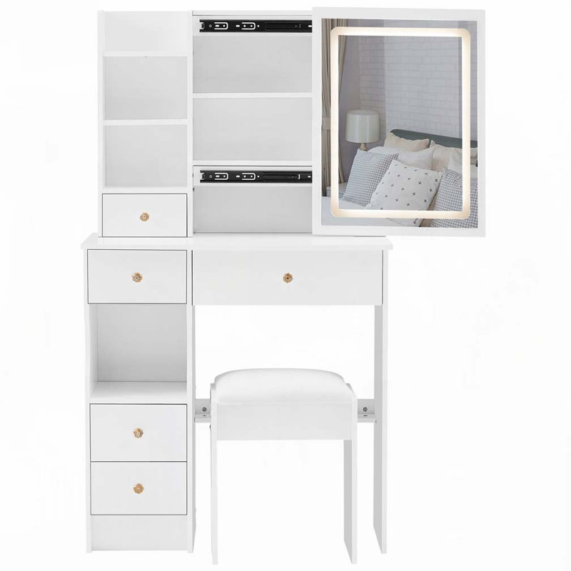 29.2" Small Size Left Drawer Desktop Vanity Table + Cushioned Stool, Large Sliding, Touch Control, Tri-color Switching, Brightness Adjust LED Mirror, High Capacity Storage, Suitable for Small Space