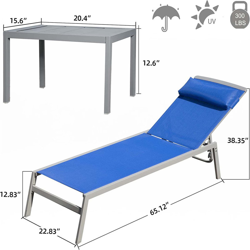 Patio Chaise Lounge Set, 3 Pieces Aluminum Adjustable Pool Lounge Chairs PVC-coated polyester Sunbathing Recliner With Headrest (2 Lounge Chairs +1 Table)