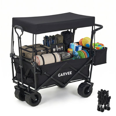 Collapsible Wagon Cart Max 220lb Load & Expandable Storage 120L, Double Bearing Design for Flexible Steering, Foldable Heavy Duty Garden Cart with 2 Cup Holders for Groceries, Garden & Camping