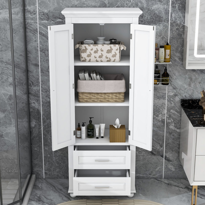 Freestanding Bathroom Cabinet, Tall Storage Cabinet with Two Drawers, White