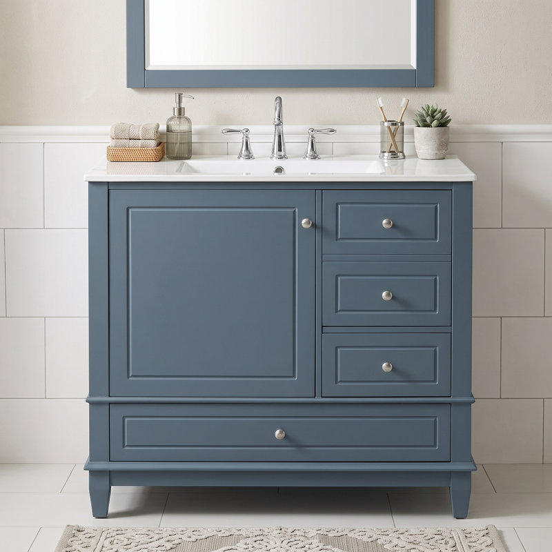 Meuble-lavabo sur pied 36 po en bois massif et panneau de fibres à densité moyenne de couleur gris-bleu avec lavabo et rangement en céramique