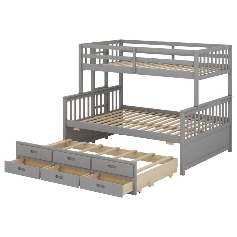 Janalise Kids Twin Over Full Bunk Bed with Trundle with Drawers, Gray