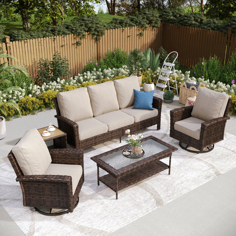 Ensemble de conversation d'extérieur en osier pour terrasse, Beige, Non