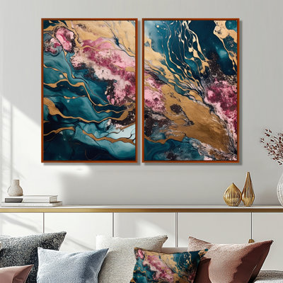 Exploration des profondeurs de la géode d'or rose II - décoration murale abstraite en marbre 2 pièces
