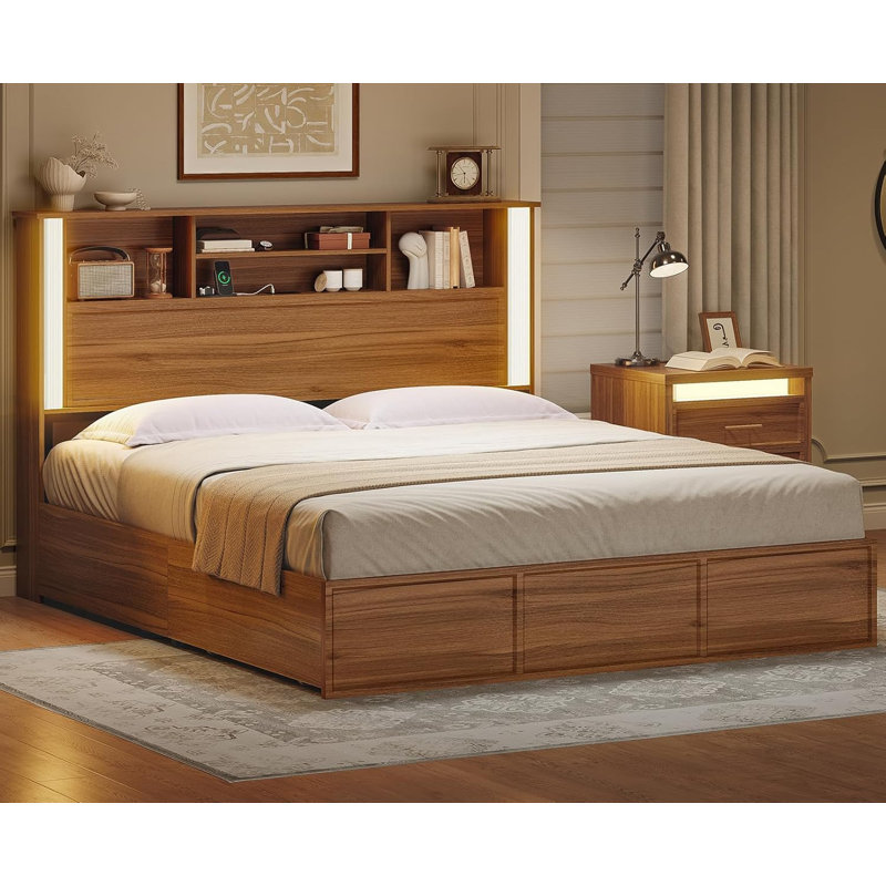 Lit avec rangement - Lightbox, Grand, Bois naturel