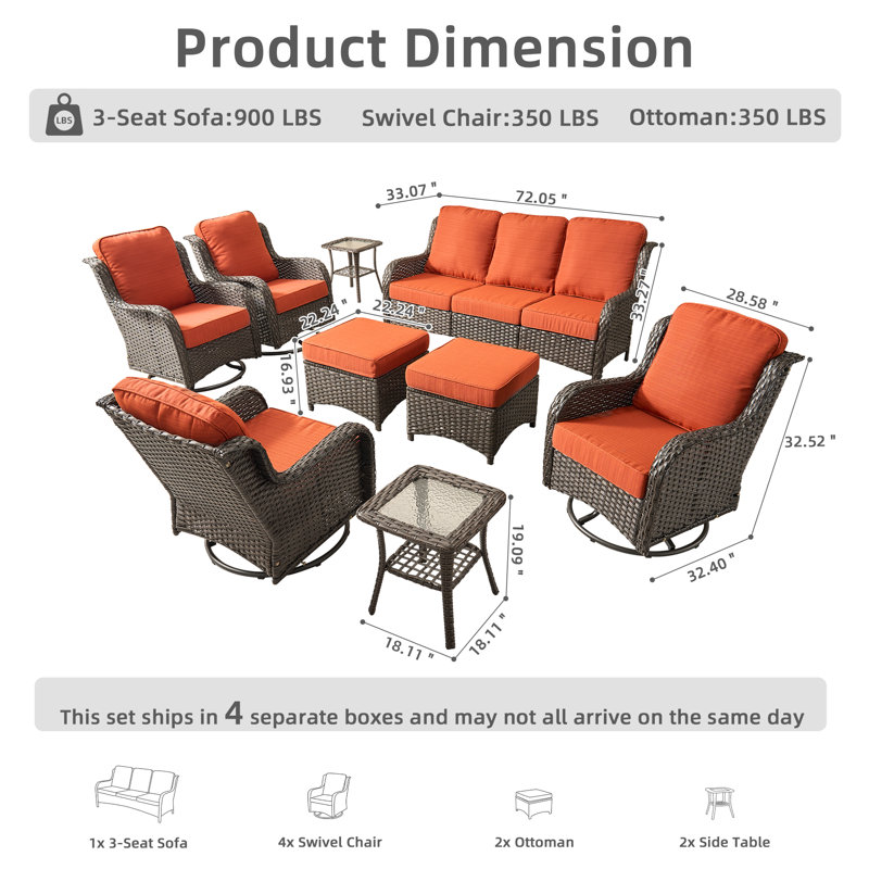 7 - Person Wicker Outdoor Conversation Set, Patio Sofa & Swivel Chair Set with Cushions, Orange Red Cushion/Brown Frame