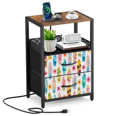 Table de chevet avec 2 tiroirs en tissu et station de charge