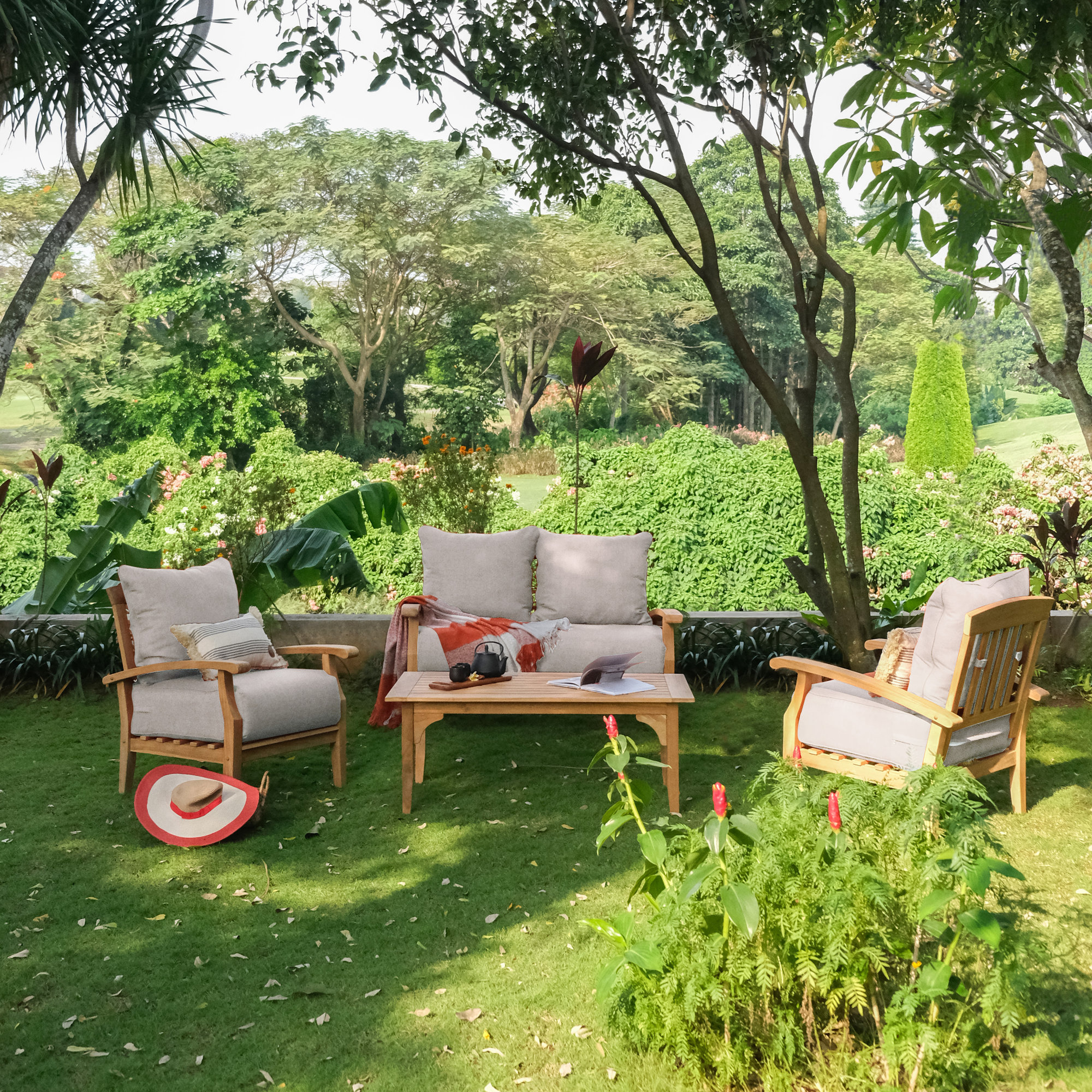Summerton Teak 4 - Person Patio Conversation Set with Cushions, Beige