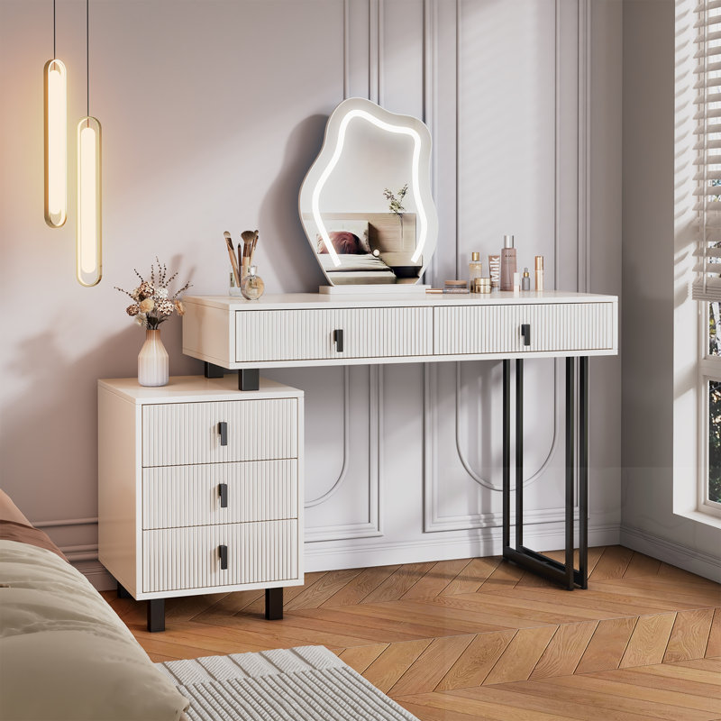 Adjustable-Length Vanity With LED Mirror And Side Cabinet
