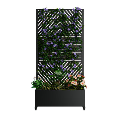Boîte à fleurs en métal avec treillis pour le jardinage extérieur, hauteur de 73 po, largeur de 35 po, profondeur de 16 po, système d'autodrainage noir, conception nécessitant peu d'entretien