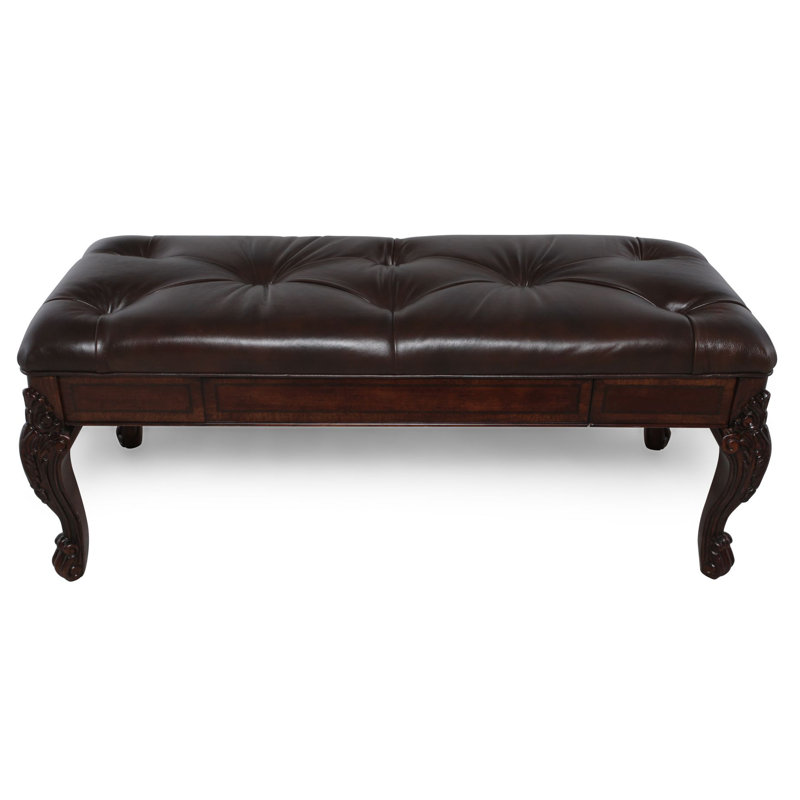 Traditional Pomegranate Cherry Leather Storage Bench with Carved Legs