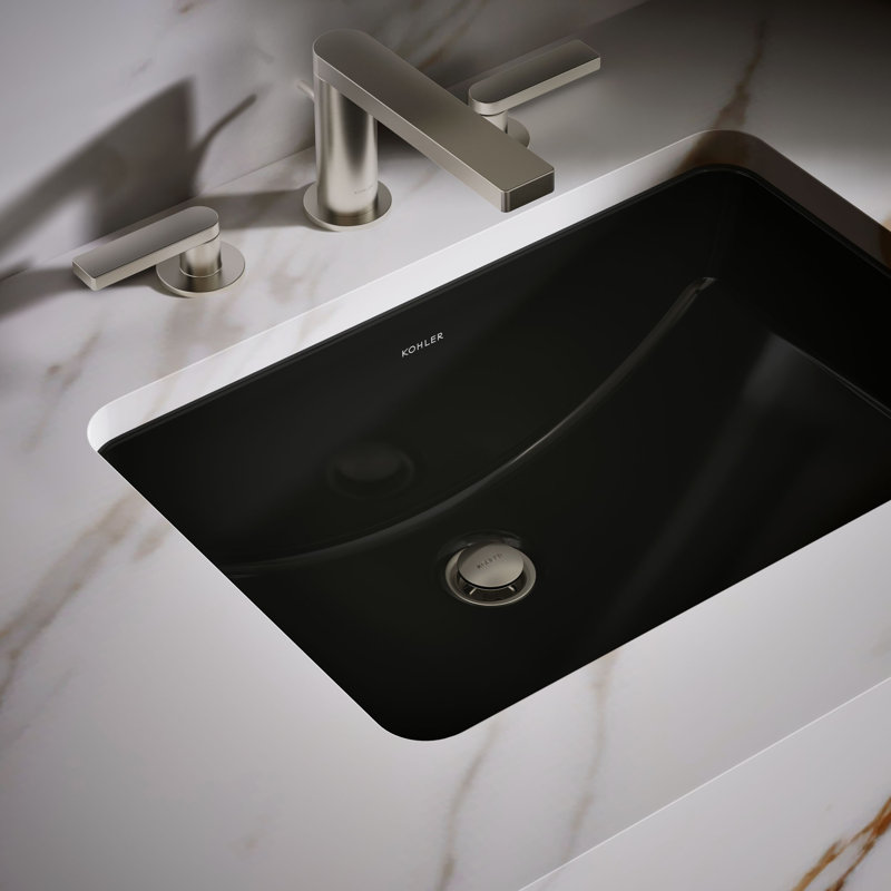 Lavabo de salle de bain rectangulaire encastré en porcelaine vitreuse Ladena, Noir avec sous-face glacée