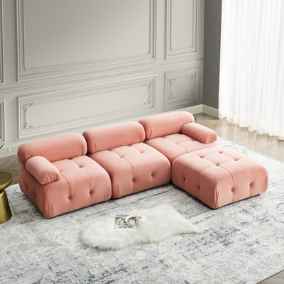Modular With Pink Velvet Cover, Wood Construction, Reversible , Button For A Modern Look Sectional Velvet, Solid Frame Apartment & House