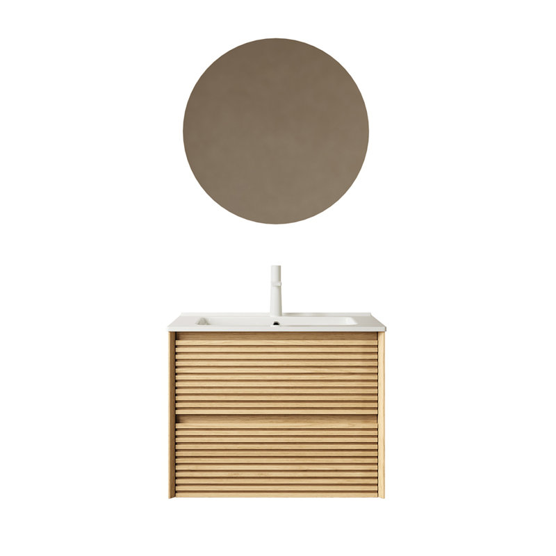 Meuble-lavabo mural en chêne brut et chêne brut avec lavabo en céramique intégré avec trop-plein, grand meuble-lavabo flottant de rangement pour salle de bain moderne, pré-assemblé