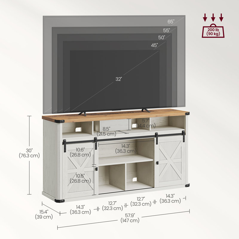 Meuble télé Cecilly pour téléviseur de 65 po ou moins avec 2 portes de grange coulissantes et station de charge intégrée