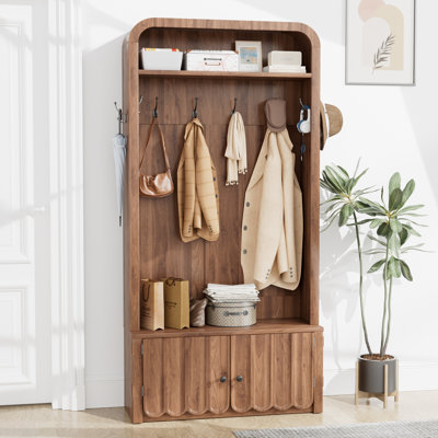 Hall Tree with Arched Storage Shelf, 8 Double Hooks, Reinforced Shoe Bench, Scalloped Cabinet Doors & Adjustable Shoe Shelf, Entryway Coat Rack with Shoe Storage Bench for Entryway, Bedroom