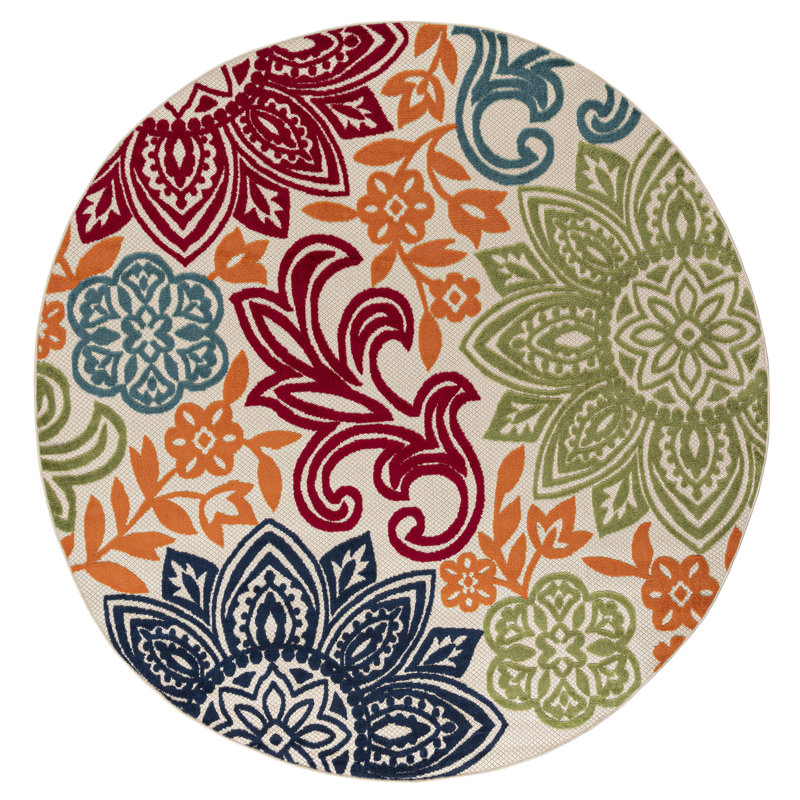 Floral Water Resistant Indoor Outdoor Rugs for Patios, Deck, Porch or Entryway, Round 5'3"