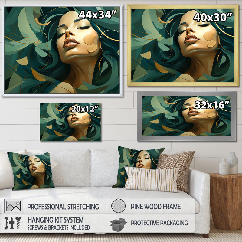 «Green Floral Blossom Woman Portrait II», art mural floral femme, Cadre d'angle fermé noir, H 24 po x l 32 po x P 1 po