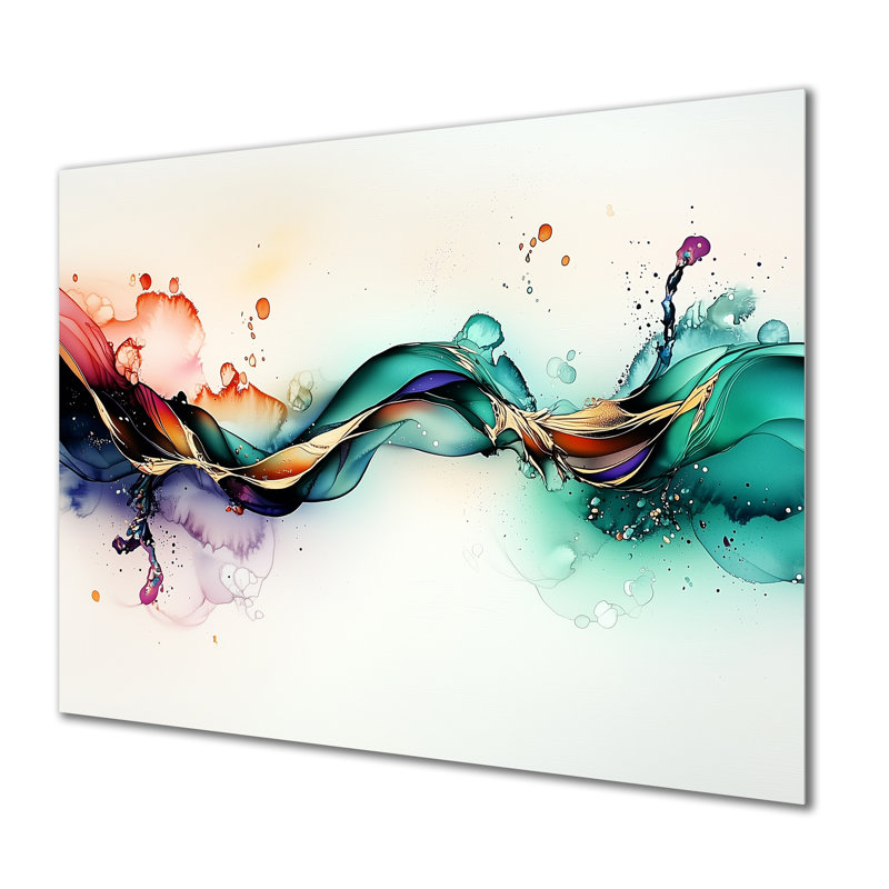 «Ethereal Liquide Ink Waves III - Décoration murale abstraite en métal», H 16 po x l 32 po x P 0,84 po