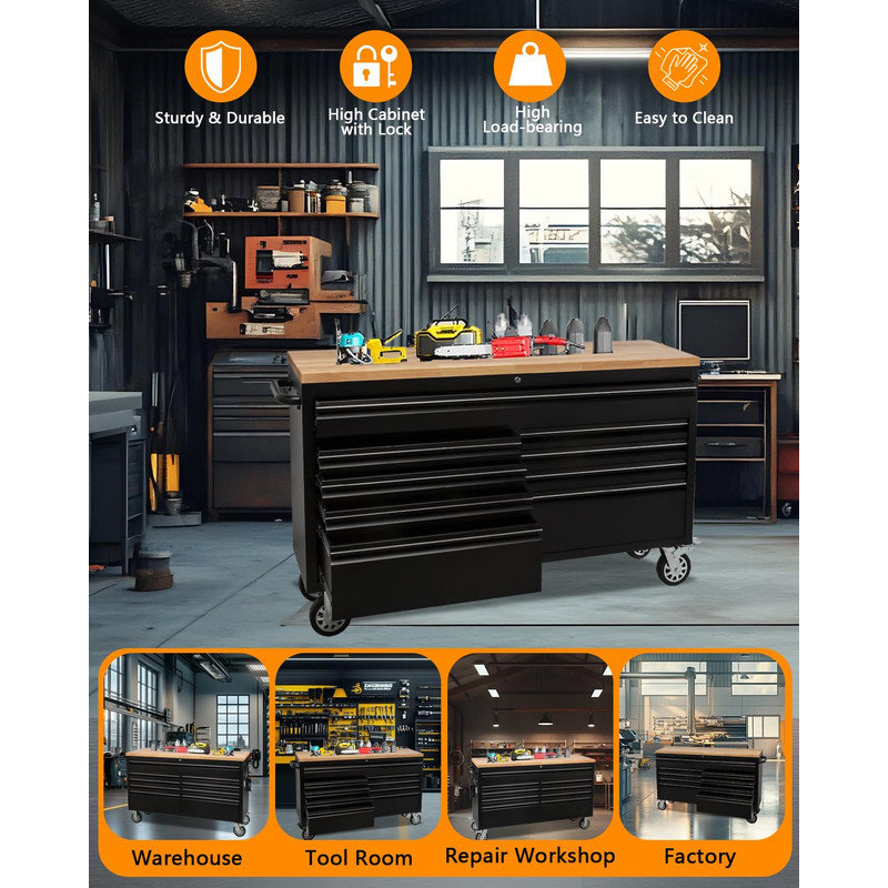 Coffre à outils 61 po à 9 tiroirs avec plateau en bois et armoire de rangement mobile pour garage