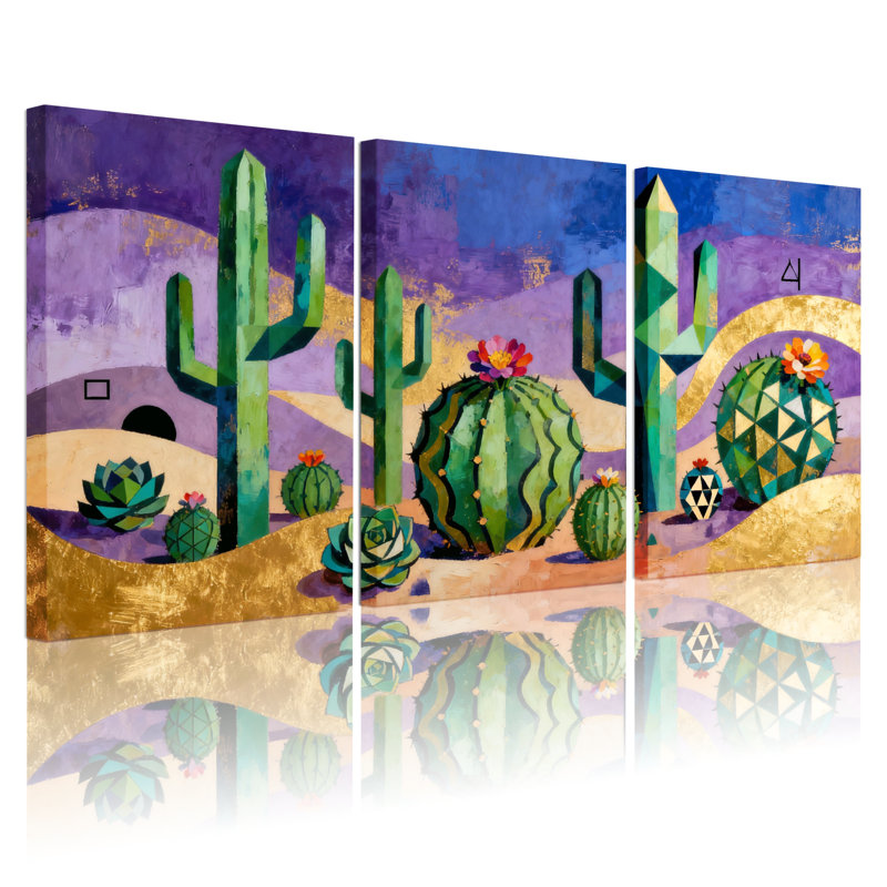 «Cactus Desert Cactus Landscape», ensemble de 3 impressions sur toile, H 18 po x l 36 po