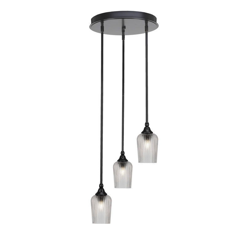 Luminaire suspendu grappe suspendu 3 lumières avec verre texturé 5 "Lesli, Grainé transparent, Noir mat
