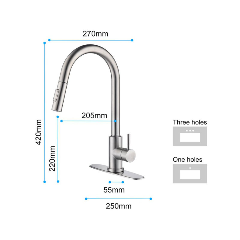 Robinet de cuisine rétractable à poignée simple avec accessoires, Nickel brossé