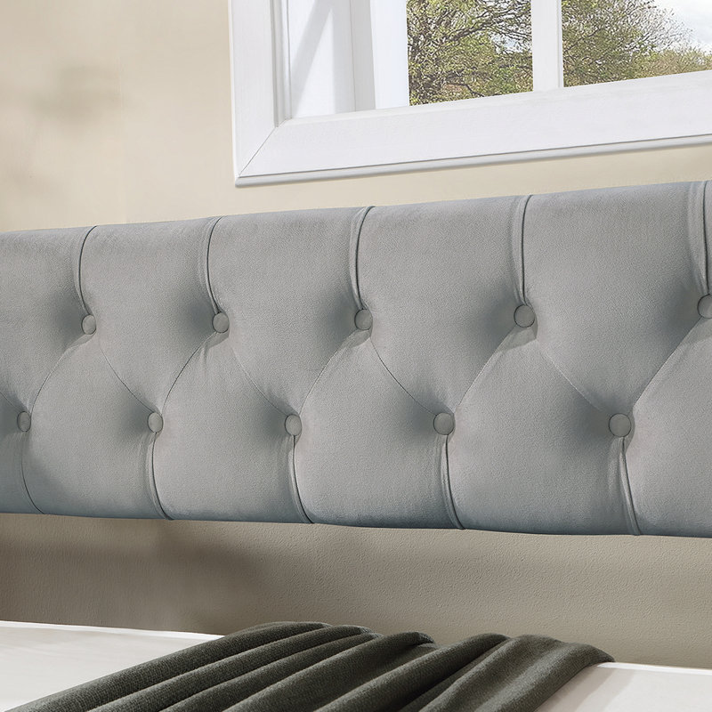 Upholstered Daybed with Trundle, Wood Frame with Tufted Buttons and Copper Nails, Light Grey
