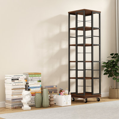 5 Tiers Rotating Bookshelf With Metal Frame And Wheels