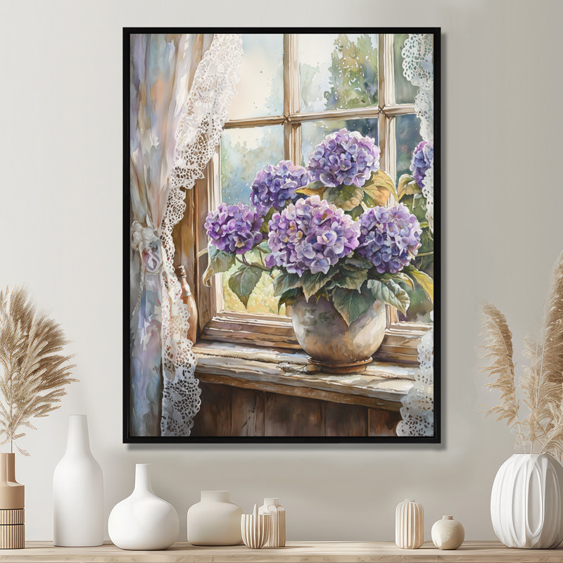 «Hydrangeas By The Farmhouse Window II - Hydrangea», reproduction sur toile, Noir, Reproduction avec cadre flottant
