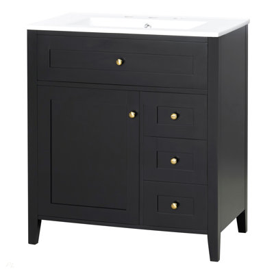 Meuble-lavabo noir 30 po avec lavabo, panneau de fibres à densité moyenne moderne et bois d'hévéa avec 3 tiroirs et tablette réglable, meuble-lavabo autoportant pour le rangement et l'organisation de la salle de bain (porte de gauche)