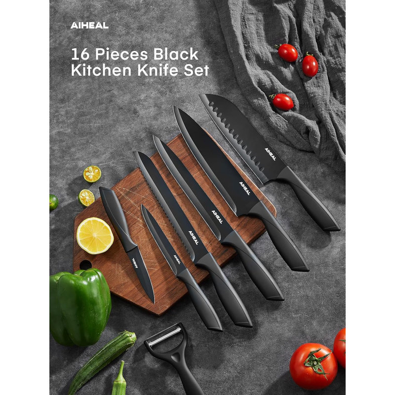 Ensemble de 16 couteaux en acier inoxydable à haute teneur en carbone avec revêtement antiadhésif, support en acrylique et ciseaux de cuisine - couverts antirouille et ultra-tranchants pour une coupe de précision