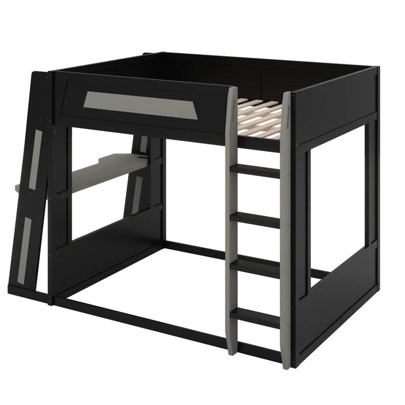 Lit superposé en bois avec bureau, deux tablettes de rangement, USB et lumière DEL, Queen, Noir/gris