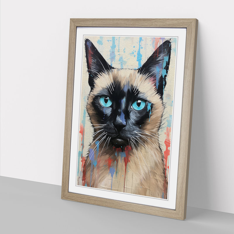 Siamese Cat Action Painting No.3 - Single Picture Frame Print on Wood, 64cm H x 46cm W x 2cm D, Oak