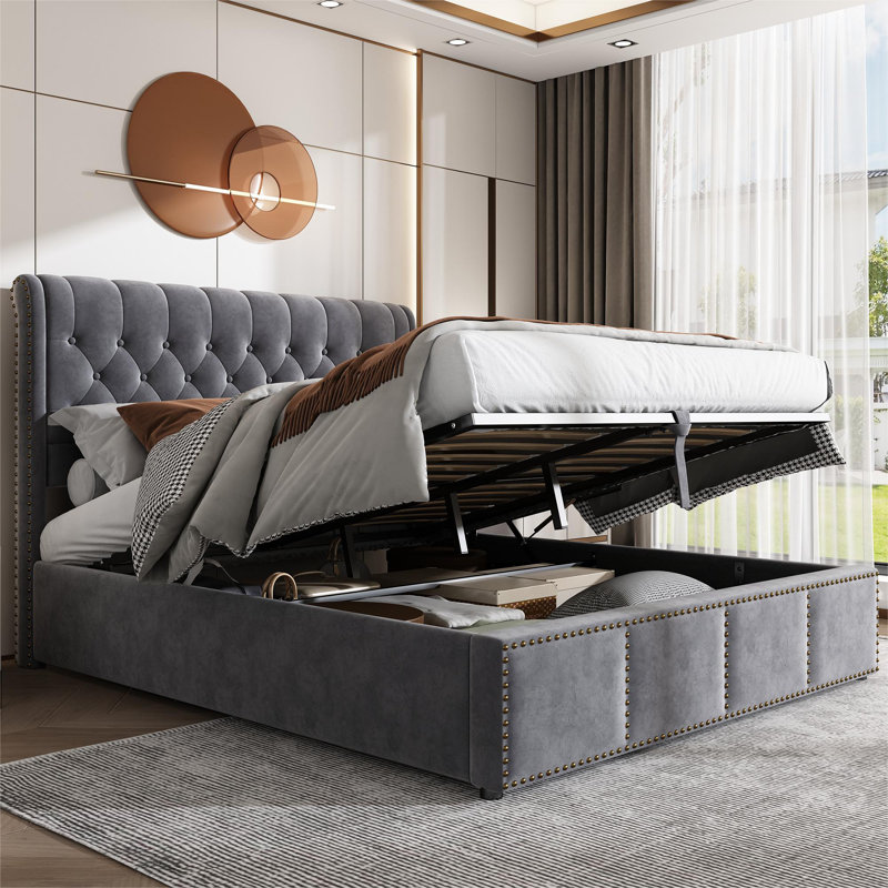 Abianna Upholstered UK Super King - DE 180 X 200 Cm Ottoman Storage Bed, Velvet, Kingsize (5'), Grey