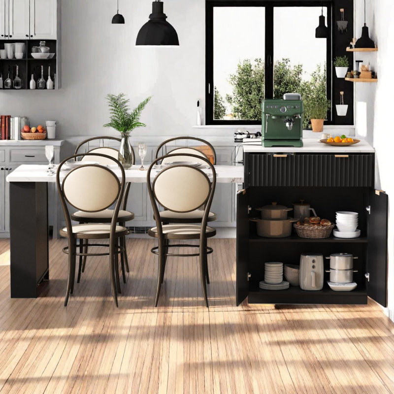 82.6" Fluted Kitchen Island with Extendable Dining Table for 4-6, Double-Sided Storage & Power Outlet, Black/White