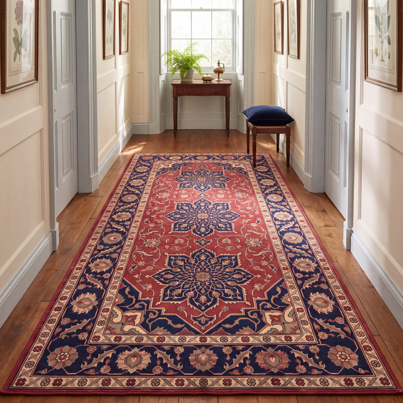 Tapis Myrtle Traditional Medalle de style persan, bleu marine, orange, or, vert, crème, ivoire, lavable à la machine, antidérapant, à poils courts, idéal pour l'intérieur et l'extérieur, adapté aux animaux de compagnie, pour salon, chambre, salle à manger, entrée, couloir, bureau