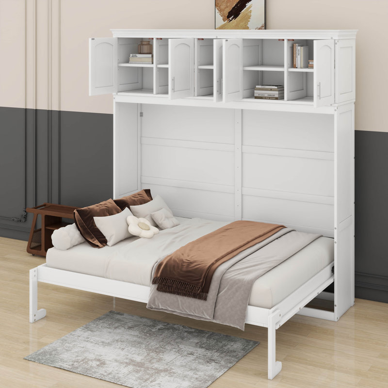 Grand lit escamotable avec armoires supérieures, Blanc