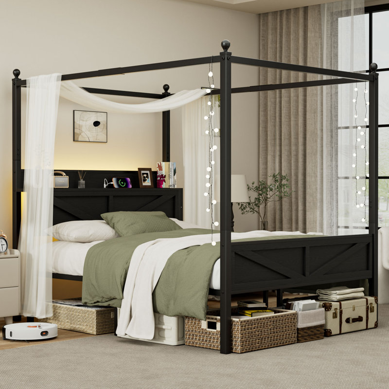 Classic Four-poster Metal Canopy Bed With Wooden Headboard, Easy To Assemble, With Charging Station And Storage Features, No Box Spring Needed