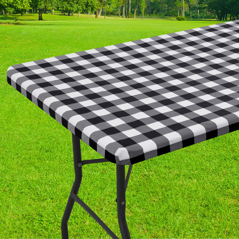 Nappe de pique-nique rectangulaire, nappes en vinyle ajustées imperméables élastiques, couvertures de table en flanelle à carreaux Buffalo (noir et blanc, 30 po x 72 po)