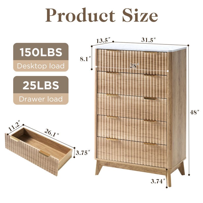 Commode 5 tiroirs 31,5 po, Jaune