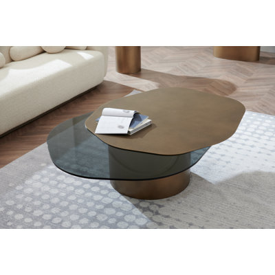 Cerryn Modern Sculptural Irregular Coffee Table with Glass & Metal Top and Metal Base – Statement Living Room Centerpiece by Wrought Studio