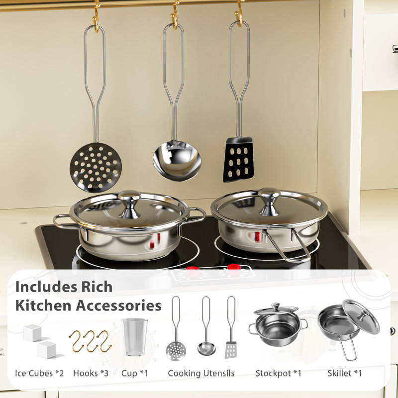 Cuisine en bois pour enfants avec machine à glaçons, cafetière et accessoires, Beige